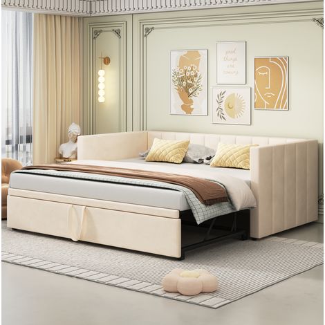 Letto estraibile 90/180 x 200 cm con rete a doghe. divano letto. Letto multifunzionale in morbido tessuto di velluto. Beige