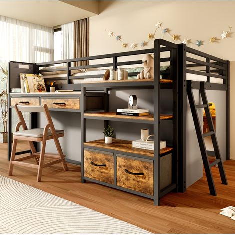 MODFU – Letto a soppalco per bambini 140x200 cm in metallo/MDF con scrivania, vani contenitore, tenda, LED e carico 120 kg – Nero (1/5)