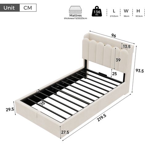 Lit enfant 90x200cm, sommier intégré, lit fonctionnel hydraulique, tête de lit rembourrée en velours beige, grand espace de rangement, station de charge USB et Type-C, lampe de lecture (1/5)