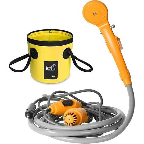 Douche extérieure 12 V, douche de camping, douche portable, kit d'installation avec seau pliable, pommeau de douche de camping pour voiture, voyage, jardin, plage (1/5)