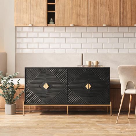 Buffet bas 4 portes noir avec texture géométrique et pieds métal (1/5)