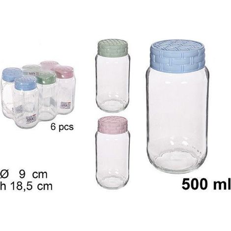 TrAdE Shop Traesio - Set 6 Pz Contenitore Barattolo Vetro Con Coperchio Rattan Colorato 500 Ml 114655 -
