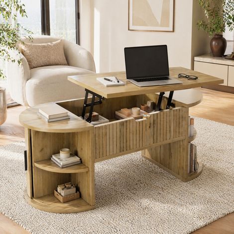 Mesa baja elevable 100x50x40,5 cm roble con almacenamiento y puertas correderas MDF MEUBLIV (1/5)