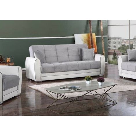 Dmora – Canapé convertible 3 places en éco-cuir et tissu – Ouverture clic-clac – Dimensions 220x84h91 cm – Blanc et gris – Rangement sous assise (1/4)