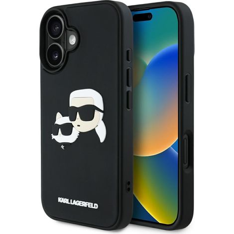 Custodia per iPhone 16 in gomma 3D nera con stampa Karl Lagerfeld (1/5)