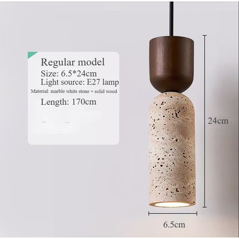 Lampe suspendue en travertin naturel blanc et bois chêne, style vintage, douille E27, lumière chaude 3000K, câble réglable