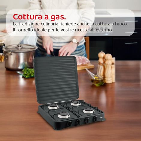 Melchioni Family  Fornello a Gas Modello MINERVA NEW, Quattro Fuochi, Colore Nero, per Utilizzo Esterno, con Griglia e Fuochi Rimovibili e Coperchio