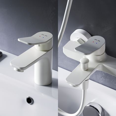 Mitigeur mécanique de baignoire et Mitigeur de Lavabo Robinet Salle de Bain Blanc, F438XA39 AM.PM