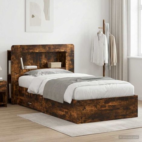 Cadre de lit avec rangement et tête de lit en bois d’ingénierie, chêne fumé, 80 x 200 cm - PANGIVO (1/5)