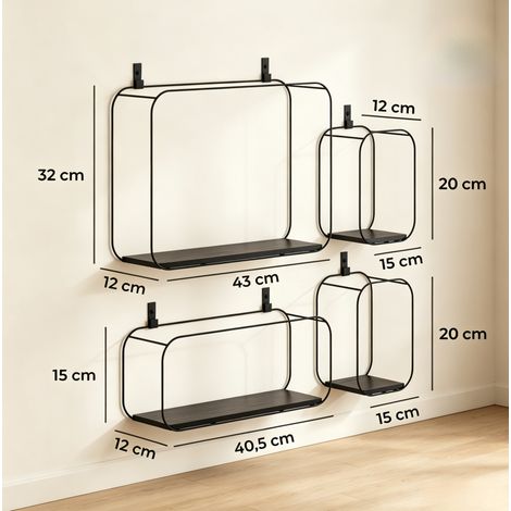 Set di 4 mensole da parete 43x12x32 cm metallo/MDF nero, salvaspazio soggiorno/ufficio – MEUBLIV (1/5)