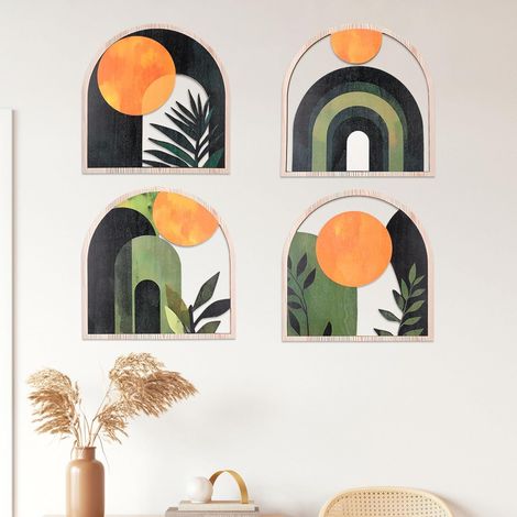 JSSEVN-Lot de 4 Décorations Murales Boho en Bois, Déco Murale 3D Moderne Carrée Vert Vintage, Sculptures Murales pour Salon (1/5)