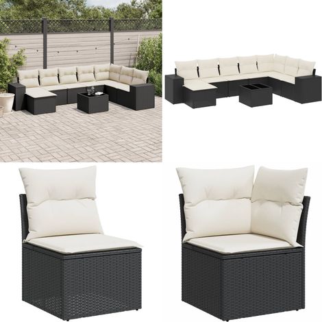 Salon de jardin 9 pcs avec coussins noir résine tressée - Ensemble Salon De Jardin - Meuble De Jardin - Jardin Design - Mobilier Exterieur - Chaise Longue - Home & Living