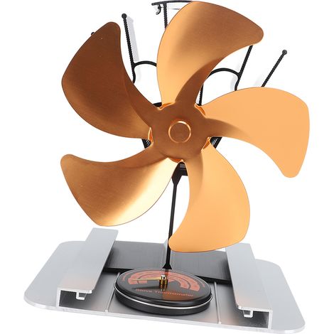 Ventilateur de poêle à bois vertical à 5 pales en alliage d'aluminium, alimenté par la chaleur, avec thermomètre intégré, pour poêle à pétrole et poêle à bois (couleur or). (1/5)