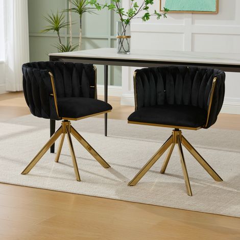 Lot de 2 chaises de salle à manger en velours, fauteuil, pivotant à 180°, chaise de salon/chambre, pieds en métal or, noir (1/5)