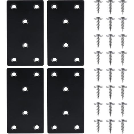 Placa de conexión perforada de acero inoxidable con tornillos y soportes metálicos, placa de acero negra 48 x 97 x 1,8 mm, 4 piezas