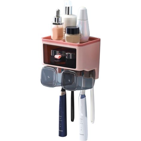 Étagère murale pour brosse à dents et gobelets, support de rince-bouche sans perçage, rangement toilette rose avec 2 porte-gobelets (1/5)