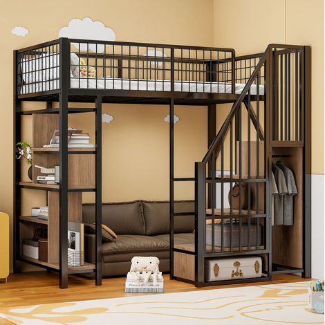 Hochbett 90x200 mit Stauraumtreppe und Regalfächern OKMYHOME (1/5)