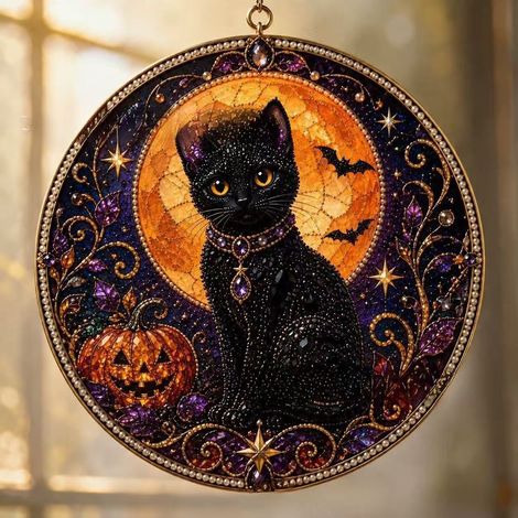 Stilvolles, tragbares und unterhaltsames neues Katzen-Fensterhänger-Set – Schwarze Katze DIY-Materialset – F –