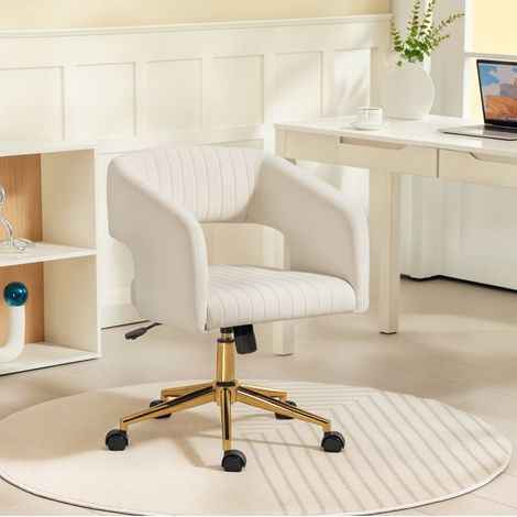 Silla de oficina giratoria con tapizado efecto terciopelo, función de balanceo, altura ajustable, poliéster blanco crema (1/5)