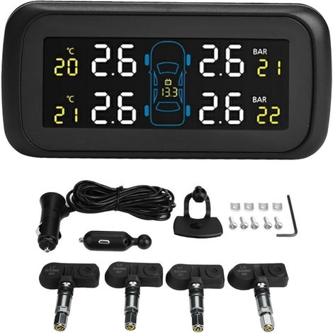 Tyre Pressure Sensor, Car TPMS LCD Tyre Pressure Monitoring System with USB Cigarette Lighter Adapter and 4 Internal Sensors, Black (1/5)