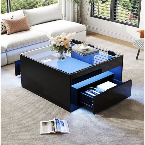Tavolino da caffè quadrato in MDF nero e vetro temperato 70 x 70 cm con 2 cassetti e LED (1/5)
