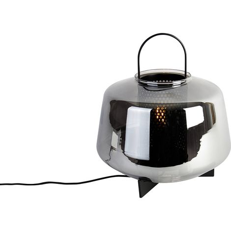 Art Deco Tischlampe schwarz mit Rauchglas 30 cm - Kevin