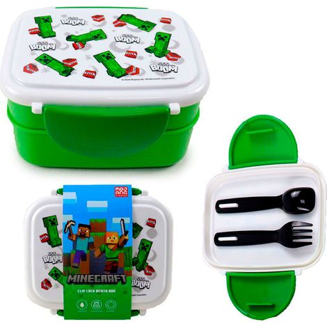 Puckator Fiambrera Bento con cubiertos y cierre de clip – Creeper y TNT – Minecraft