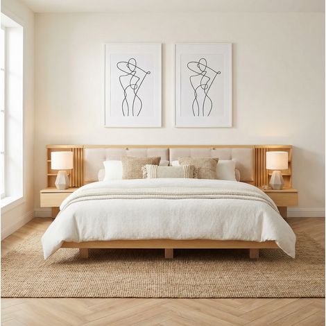 Letto matrimoniale 180x200 cm in legno naturale, contenitore per camera, senza materasso - FLORAGRACE (1/5)