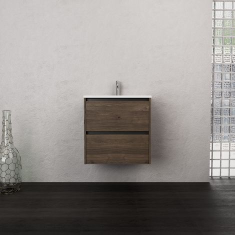 Inda - Badezimmerschrank 2 Schubladen B.60 mit mattiertem Waschbecken / Braune Eiche - Smeraldo