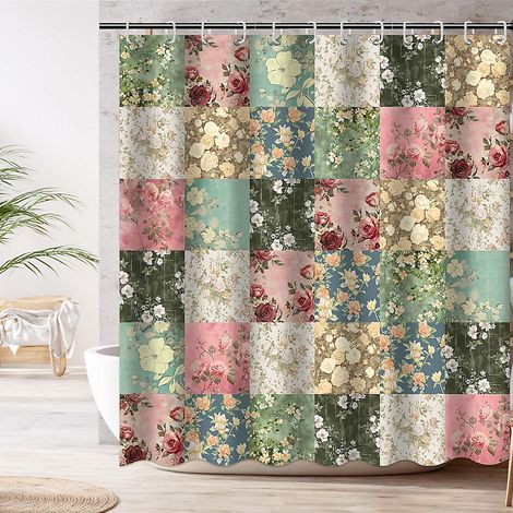 Rideau de douche moderne à motifs floraux, rideau de douche décoratif patchwork, rideau de douche style bohème, 180 x 180 cm (1/5)