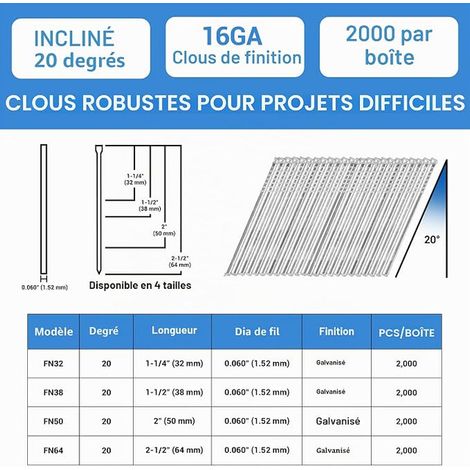 Angled Finishing Nails 16GA / 38 mm, 20 Degrees, Galvanised, Wire Diameter 1.6 mm, 16G Nails for Nailer, Finishing Windows and Cabinets (1/4)