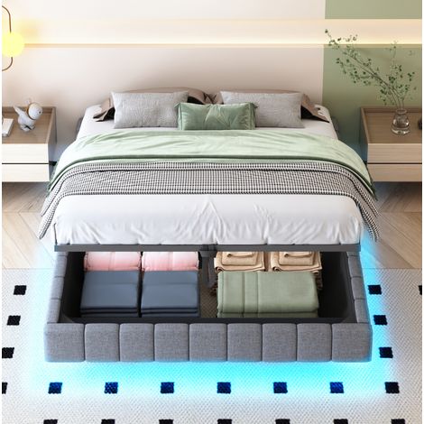 Cama tapizada gris 160x200 cm con almacenamiento hidráulico, LED y somier de láminas (1/5)