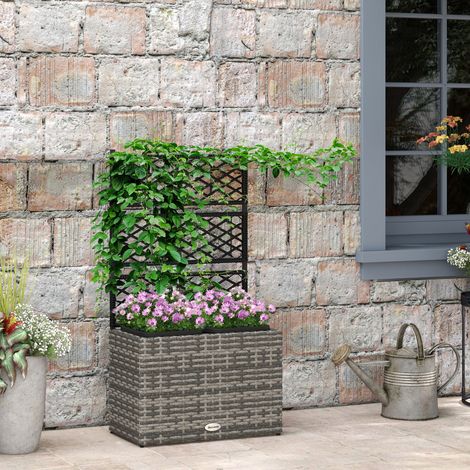 Déco Jardinière pour plantes avec treillis 3 bacs à plante 22L en résine tressée et acier galvanisé 57 x 30 x 107 cm - gris
