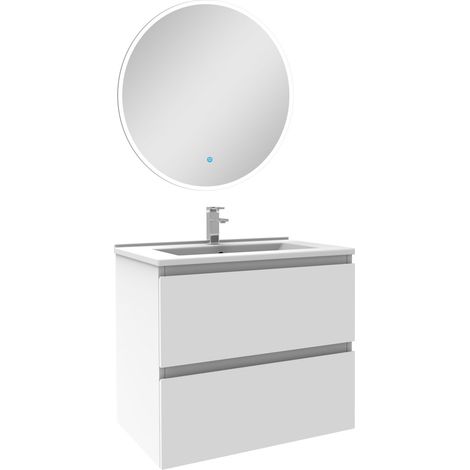 Ensemble meubles Salle de Bain Blanc 60cm simple vasque + miroir lumineux rond