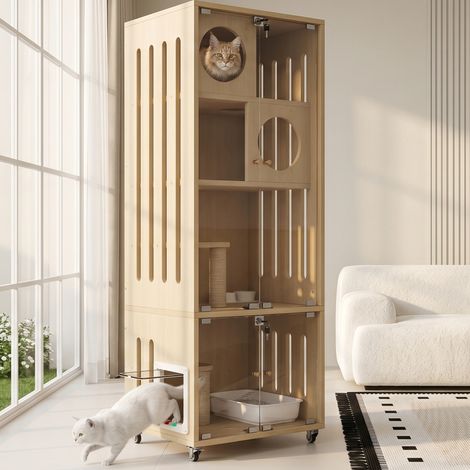 Casa per gatti con ruote, porta in vetro con serratura, 60 x 50 x 156 cm DESVIAE (1/5)