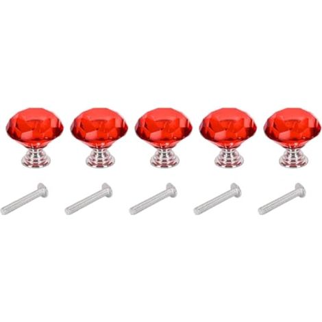 Set de 5 poignées et boutons en verre pour tiroirs, poignées diamant de 30 mm avec vis pour armoires de bureau ou cuisine (rouge) (1/5)