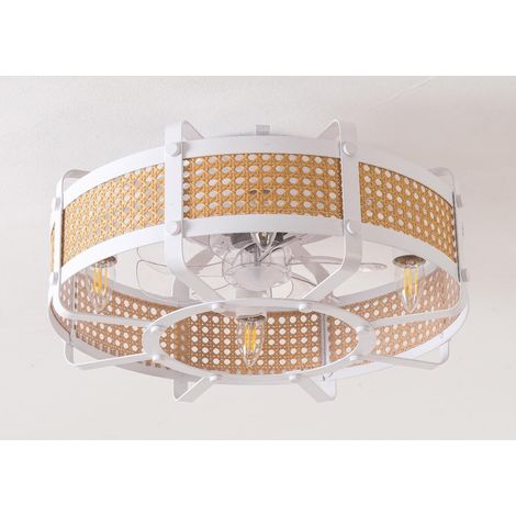 50cm Boho Rattan Ceiling Fan with Light, Flush Mount, Remote Control, 6 Speeds for Bedroom, Living Room & Nursery, Bulbs Not Included, White&Yellow, Bulbs Not Included (1/3)