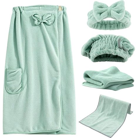 Conjunto de 5 batas de sauna para mujer - 75 x 135 cm - Forro polar coral con elástico - Diadema + gorro de secado + toalla + gorro de ducha - Para sauna y baño - Verde (1/5)