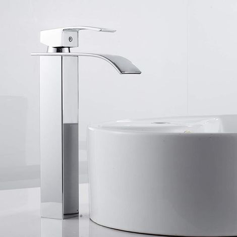 Mitigeur chromé pour salle de bain, robinet cascade haut avec valve céramique, mélangeur eau chaude/froide pour lavabo (1/5)