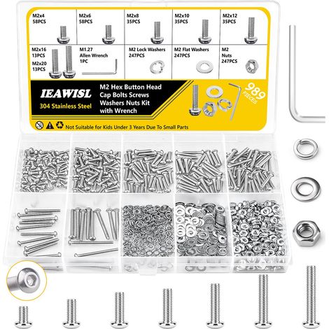 989 Pièces Coffret Boulons et Écrous M2 Complet, Vis à Tête Ronde à Empreinte Hexagonale avec Écrous et Rondelles, Acier Inoxydable 304 pour Réparation Machines et Bricolage, Clé Allen Incluse (1/5)