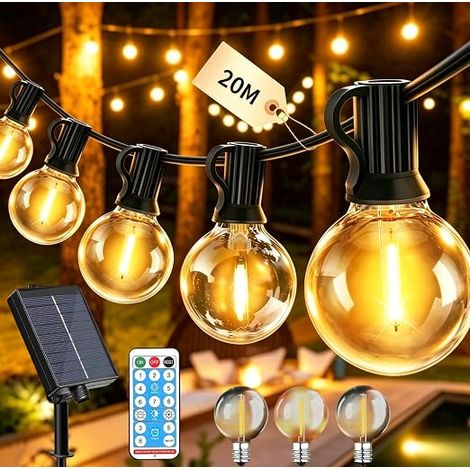 Guirlande Guinguette Exterieur Solaire Lumineuse Exterieure 20M Lumière Electrique D'extérieur et Intérieur pour Terrasse Balcon Eclairage Girlande 26+3 G40 Ampoules Guirlan 8 Modes