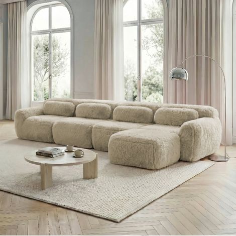 Canapé d’angle modular 4 plazas de tejido plush caqui claro, sin montaje, configuración en L o U (1/5)