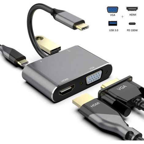 Adaptateur multiport - Non spécifié - Type C vers VGA HDMI USB 3.0 - 4 en 1 - Chargement PD 100W - Résolution 4K (1/4)