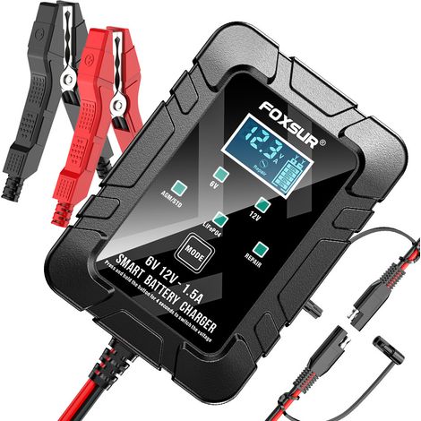Caricabatterie al piombo per tosaerba/moto, 1,5 A, 6 V 12 V, ferro al litio, completamente automatico, spina SAE. (1/4)