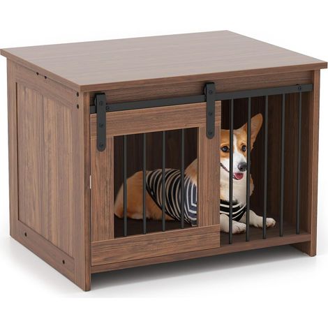 COSTWAY Cage pour Chien, Large Plateau, Porte Coulissante, Tubes Métalliques Résistants aux Morsures, Niche Chien Interieur en Bois, pour Petit et Moyen Animaux, 80 x 60 x 60 cm (Brun)