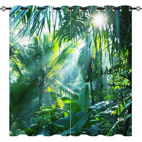 Rideaux Opaques Thermiques Motifs Jungle Tropicale Cocotier - Occultants & Isolation Thermique pour Chambre/Salon avec Œillets - 2 Panneaux L60 x H90cm - 60L X 90H cm (2 Panneaux) (1/5)