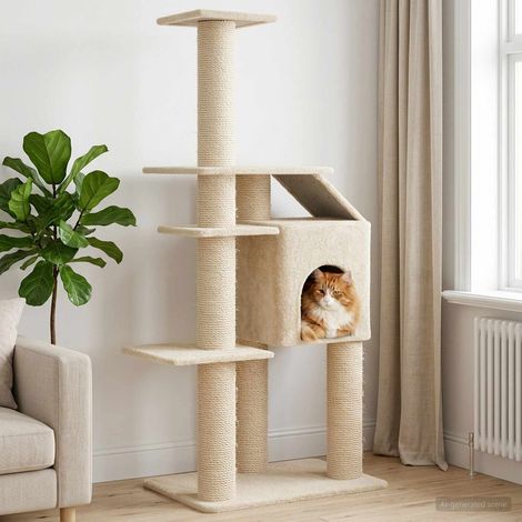 vidaXL Albero per gatti con pali per graffiare in sisal Crema 183 cm
