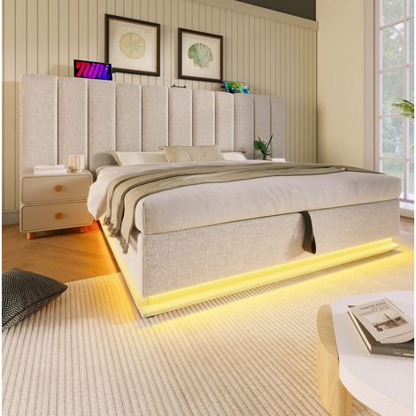 Lit coffre 180x200 LED USB-C, lin beige HAVRYA (1/5)