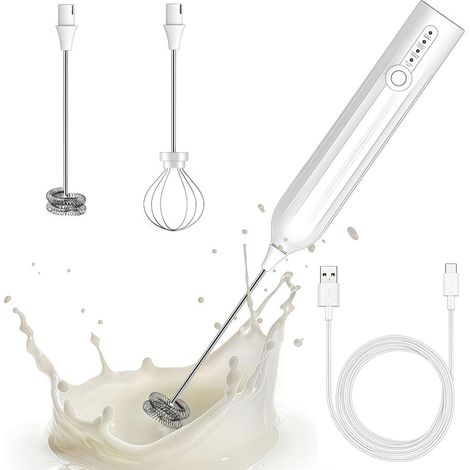 Mini Fouet,Mousseur a Lait USB Rechargeable Portable,Fouet Mélangeur à Mousse,Mousseur à Lait Électrique pour Café,Chocolat Chaud,Facile Nettoyer,Réglable en 3 Vitesses,Blanc (1/5)