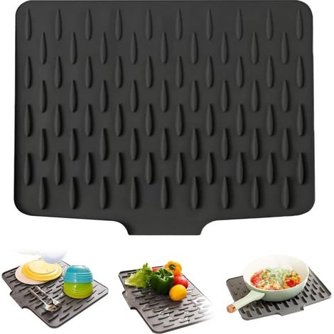 BelleRise - Tapis de cuisine 40 x 32 cm en silicone antidérapant, anti-fuite, résistant à la chaleur, égouttoir pliable noir (1/4)